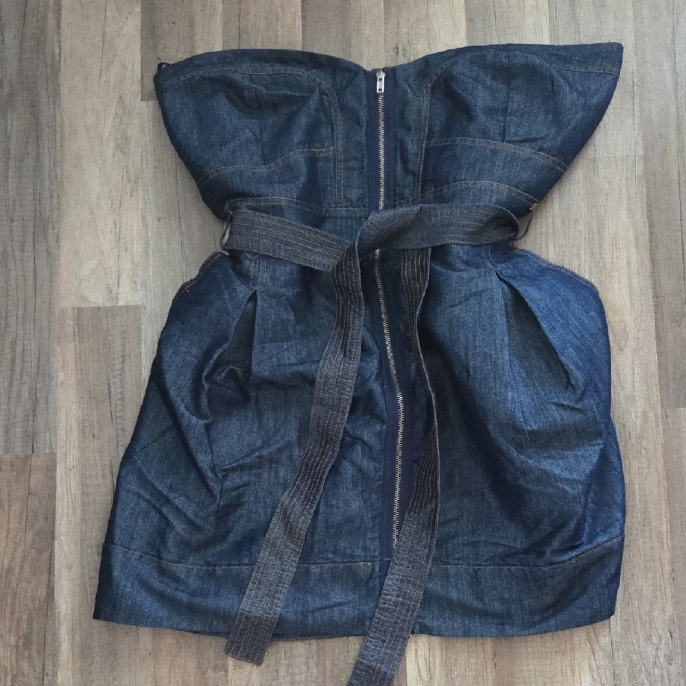 Roommates Dark Blue Denim Strapless Dress with Waist Tie - Picture 1 of 3